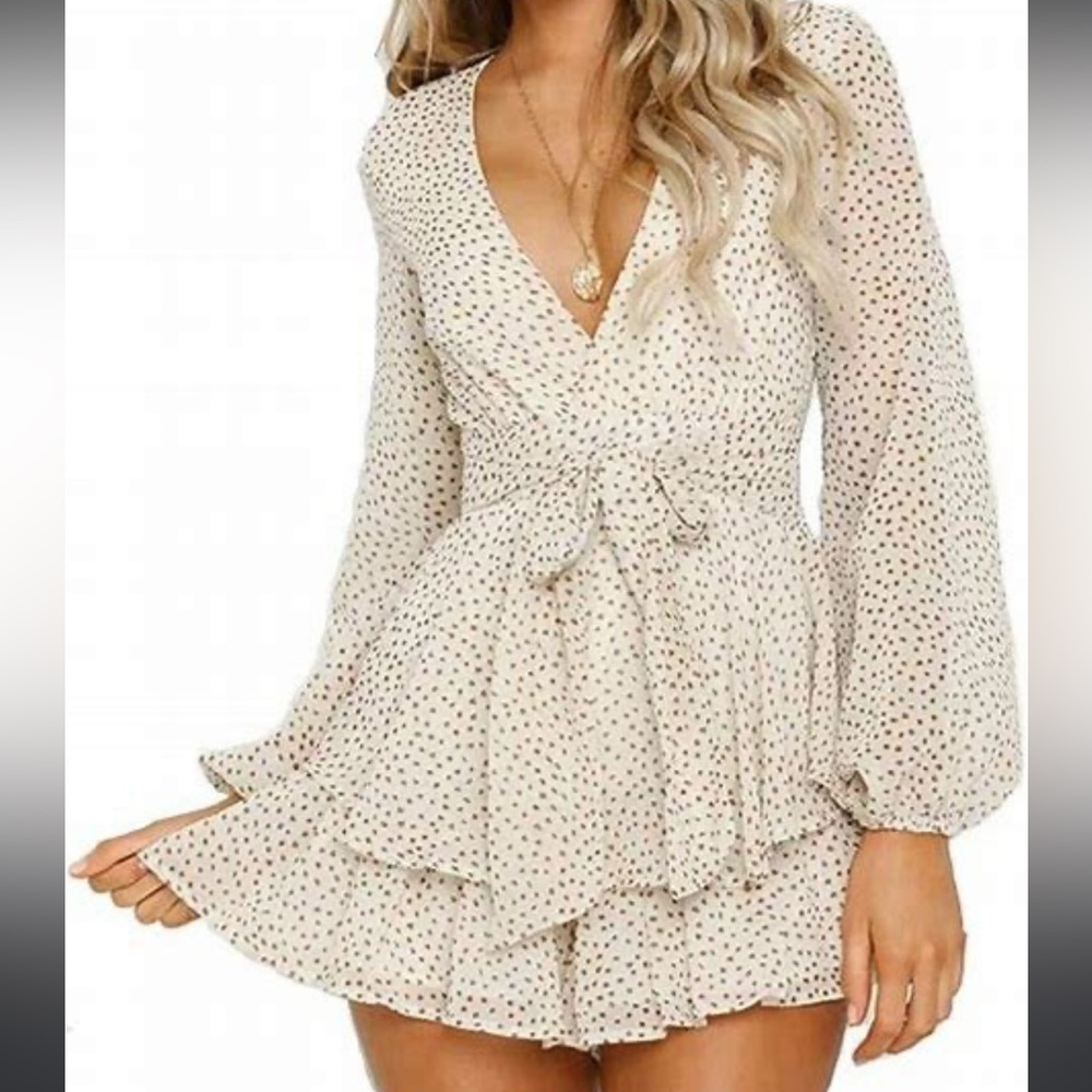 Romper Size Small V-neck Long Bubble Sleeves Polka Dot with Ruffle Hem